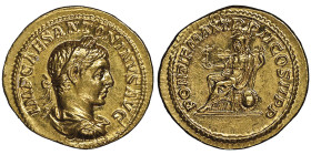Elagabalus 218-222 
Aureus, Rome, 219, AU 6.35 g.
Avers: IMP CAES ANTONINVS AVG Buste lauré, drapé et cuirassé à droite Revers : PONTIF MAX TR P II CO...