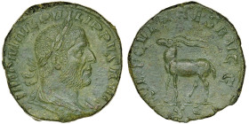 Philipp I 244-249
Sestertius, AE 16.55 g.
Ref : C. 190, RIC 161
Avers : Buste lauré à droite.
Revers : SAECULARES AUGG S.C. Antilope marchant a gauche...