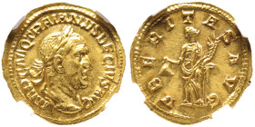 Trajanus Decius 249- 251
Aureus, Rome, 249-251, AU 4.35 g.
Avers : IMP C M Q TRAIANVS DECIVS AVG buste lauré à droite.
Revers : VBERITAS AVG Uberitas ...