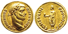 Maximianus Herculeus 286-305 Aureus, Cyzicus, 290-293, AU 5.48 g. 18.7 mm
Avers : MAXIMIANVS AVGVSTVS. Buste lauré à droite.
Revers : CONSVLIII PPPROC...
