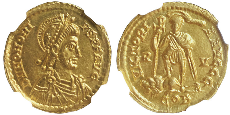 Honorius, 393-423 
Solidus, Ravenne, frappé après 408, AU 4.47 g.
Avers : Buste ...
