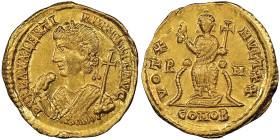 Valentinian III 425-455
Solidus, Ravenne, 435, AU 4.47 g.
Avers : D N PLA VALENTI NIANVS P F AVG, buste diadémé en rosette et perle à gauche, tenant u...