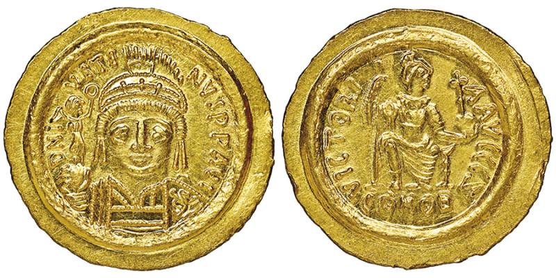 Justin II 565-578
Solidus, Ravenne, AU 4.45 g.
Ref : Hahn 20c, Ranieri 400 (R2)
...
