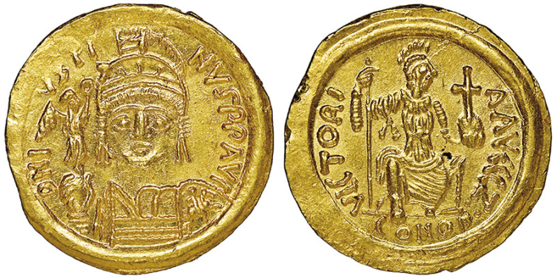 Justin II 565-578
Solidus, Ravenne, AU 4.36 g.
Ref : Hahn 20d, Ranieri 403 (R3)
...