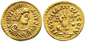 Baduila dit l'Immortel 541-552
au nom et au type de Justinien Ier
Tremissis, Ticinum, AU 4.41 g.
Ref : Mettlich 39
Conservation : TTB