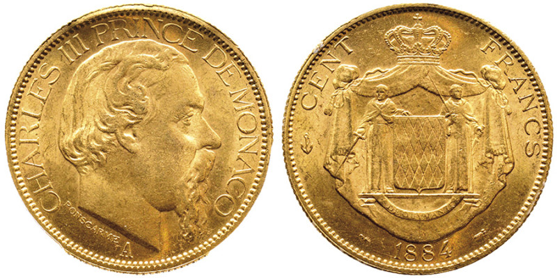 Charles III 1856-1889
100 Francs, 1884 A, AU 32.25 g. Ref : G. MC122, CC 179, Fr...