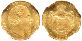 Charles III 1856-1889
20 Francs, 1879 A, AU 6.45 g.
Ref : G. MC120, Fr.12
Conservation : NGC MS62