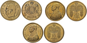 Louis II 1922-1949 
Lot des 3 monnaies :
20 francs 1947, Essai en or, AU 18.8 g. / G. MC 137 FR. 15 / NGC MS 62
10 francs 1946, Essai en or, AU 13.5 g...