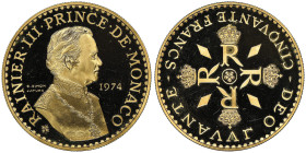 Rainier 1949-2005
Piéfort de 50 Francs, 1974, AU 102.6 g.
Ref : G. MC 162 FR. 32 b
Conservation : NGC PROOF 67 ULTRA CAMEO. Top Pop, le plus beau grad...