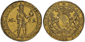 Bremen Ville libre
2 Ducats, 1659, avec le titre de Leopold I 1657-1705, AU 7 g. 
Ref : Fr. 411
Conservation : NGC AU 58