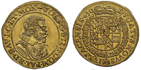 Jülich-Kleve-Berg
Wolfgang Wilhelm von Pfalz-Neuburg, 1624-1653
Ducat, Düsseldorf, 1650, AU 3.42 g.
Avers : WOLFG WILH COM PAL R D BAV I C ET MON Bust...