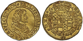 Philipp Wilhelm von Pfalz-Neuburg, 1653-1679
Ducat, Düsseldorf, 1654, AU 3.44 g.
Avers : PHILIPP WILH COM PAL R D BAV I C ET MON Buste à droite
Revers...