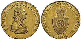 Confederation du Rhin
Karl Von Dalberg Archevêque de Mayence, 1802-1813
Ducat, 1809-BH.
Ref : Fr. 2582, KM#C8.
Conservation : NGC AU 55