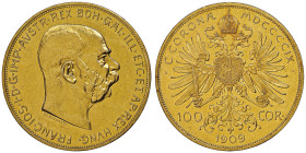 Franz Joseph I 1848-1916 100 Corona, 1909, AU 33.87 g.
Ref : Fr.507, KM#2819 
Conservation : NGC PL 60
Quantité: 3203 exemplaires. Rare