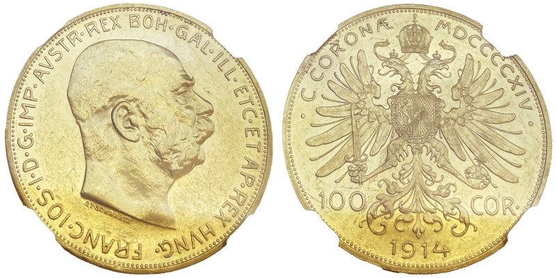 Franz Joseph I 1848-1916 100 Corona, 1914, AU 33.87 g.
Ref : Fr.507, KM#2819
Con...