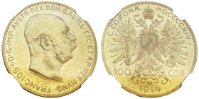 Franz Joseph I 1848-1916 100 Corona, 1914, AU 33.87 g.
Ref : Fr.507, KM#2819
Conservation : NGC PL 58
Quantité: 1.195 exemplaires. Rare
