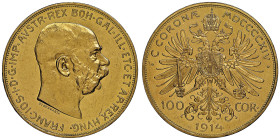 Franz Joseph I 1848-1916
100 Corona, 1914, AU 33.87 g.
Ref : Fr.507, KM#2819
Conservation : NGC PL 61
Quantité: 1.195 exemplaires. Rare