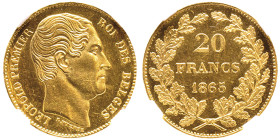 Leopold I 1831-1865 
20 Francs, 1865, par L WIENER 
Ref : Fr. 208, KM#23
Conservation : NGC SP 63 CAMEO. Top Pop, le plus beau gradé