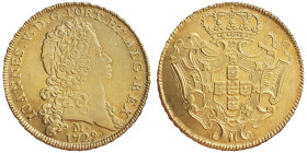 Joao V 1706-1750
12800 Reis, Minas Gerais Mint, 1729 M, AU
Ref : Fr.55, KM#139
Conservation : belle couleur malgré un léger nettoyage sinon Superbe