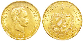 CUBA
Première République 1902-1962
20 Pesos, 1915, AU 33.43 g. 900‰
Ref : KM#21 Fr.1
Conservation : PCGS MS62