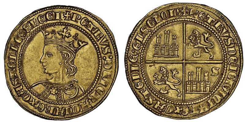 Pedro I 1350-1368
Dobla de 35 maravedis, Sevilla, AU 4.46 g.
Avers : + PETRVS: D...