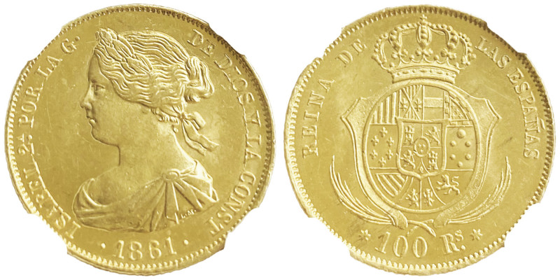 Isabel II 1833-1868
100 Reales, Madrid, 1861, AU 8.33 g. 900‰ 
Ref : Fr. 331, KM...