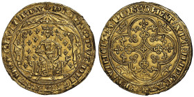 ROYALES - VALOIS
Philippe VI 1328-1350
Pavillon d'or, émission du 8 juin 1339, AU 5.02 g.
Avers : Le roi assis de face sur une chaise curule tenant un...