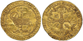 Jean II le Bon 1350-1364
Mouton d'or, 1355, AU 4.62 g.
Avers : AGN DEI QVI TOLL PCCA MVDI MISERERE NOB Agneau pascal à gauche, la tête tournée à droit...