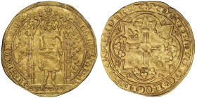 Charles V 1364-1380
Franc à pied, 1365, AU 3.77 g.
Avers : Le roi debout sous un dais, tenant l'épée et la main de justice. Champ fleurdelisé.
Revers ...