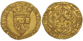 Charles VI 1380-1422 Ecu d'or à la couronne, 1385, AU 3.83 g.
Avers : KAROLVS DEI GRACIA FrancORVM REX Écu de France couronné
Revers : XPC VINCIT XPC ...