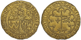 Henri VI d'Angleterre 1422-1453 Salut d'or, Saint Lo, AU 3.47 g.
Ref : Dup. 443a, Fr. 301
Ex Vente Burgan, Collection Abbé J.Thilliez, lot 59 Conser...