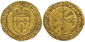 Francois I 1515-1547
Écu d'or au soleil, Lyon, 1e émission, janvier 1515, point 12ème, 2ème type, AU 3.41 g.
Ref : Dup. 771, Ciani 1071, Fr. 342
Conse...