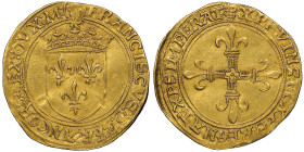Francois I Roi de France et duc de Milan, 1515-1521
Écu d'or au soleil, Milan, AU 3.39 g.
Avers : + FRANCISCVS: D: G: FRANCOR: REX: DUX: M: (tête de S...
