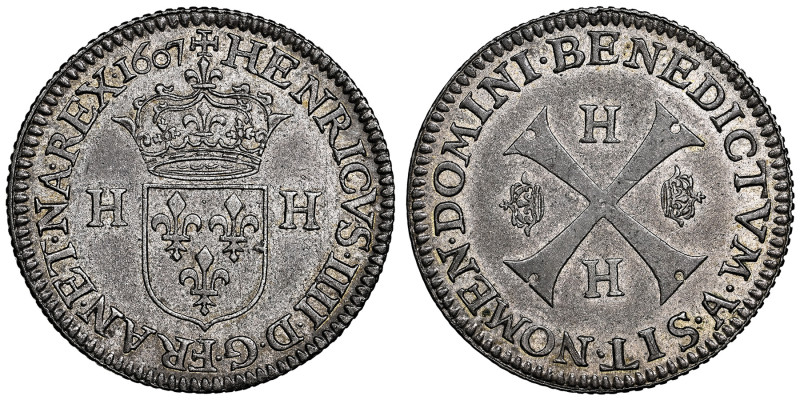 Henri IV 1589-1610
Piéfort de poids quadruple du douzain, Paris, 1607 A, Billon ...