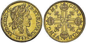 Louis XIII 1610-1643
Louis d'or à la mèche longue avec baies dans la couronne, Paris, 1641 A, AU 6.69 g.
Ref : G. 58 (R), Fr. 410
Conservation : NGC M...