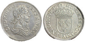 Louis XIII 1610-1643
1/4 Ecu Piefort quadruple, Paris, 1643-A, AG Ref : KM-P43
Conservation : PCGS SP 61
