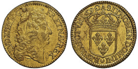 Louis XIV 1643-1715
Double louis d'or Paris, 1690 A, flan neuf, AU Ref : G. 259 (R) ,Fr. 428, Dup. 1434
Ex Trésor de Plozevet
Conservation : NGC AU 55...