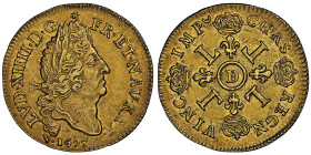 Louis XIV 1643-1715
Double louis d'or aux 4 L , Lyon, 1695 D, réformation, AU Ref : G. 260, Dup. 1439, Fr. 432.
Ex Collection Abbe J.Thilliez, lot 232...