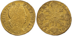 Louis XIV 1643-1715
Louis à la mèche longue, Arras, 1652, AU 6.75 g.
Ref : G. 245 (R2), Fr.418
Conservation : NGC AU 55. Superbe et très Rare . Top Po...