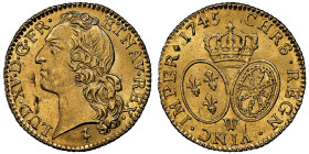 Louis XV 1715-1774
Louis d'or au bandeau, Lille, 1745, AU Ref : G. 341, Dy.1643, Fr.464
Ex Collection Abbe J.Thilliez, lot 319 Conservation : NGC MS 6...