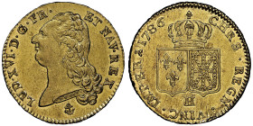 Louis XVI 1774-1792
Double Louis d'or à la tête nue, La Rochelle, 1786 H, AU 15.25 g.
Ref : G.363 (R2), Fr. 474
Ex Collection Dr. F.
Conservation : NG...