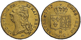 Louis XVI 1774-1792
Double Louis d'or à la tête nue, Montpellier, 1787 N, AU 15.21 g.
Ref : G.363 (R3), Fr. 474
Conservation : NGC AU 58. Très rare