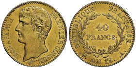 Consulat 1799-1804
40 francs, Paris, AN 12 A, AU 12.9 g. Ref : G. 1080
Ex Collection Dr. F.
Conservation : NGCS MS 61