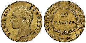 Premier Empire 1804-1814
40 Francs, Paris, AN 13 A, AU 12.9 g.
Ref : G.1081, Fr.483
Ex Collection Abbe J.Thilliez, lot 402
Conservation : PCGS MS 62