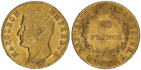 Premier Empire 1804-1814
20 Francs, Paris, 1806 A, AU 6.45 g.
Ref : G. 1023
Conservation : NGC MS 61