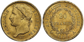 Premier Empire 1804-1814
20 Francs, Paris, 1808 A , AU 6.45 g. Ref : G. 1024, Fr. 516
Ex Collection Dr. F.
Conservation : NGC MS 64+. FDC