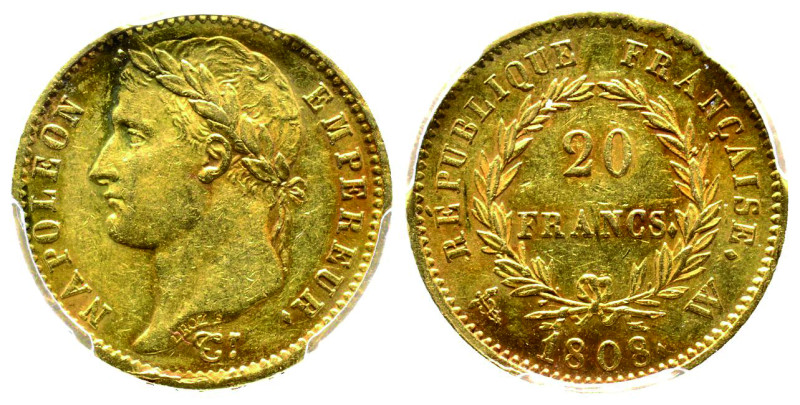 Premier Empire 1804-1814
20 Francs, Lille, 1808 W, AU 6.45 g. 
Ref : G.1024 
Con...