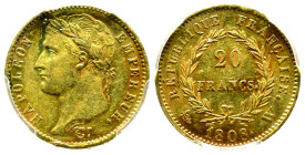 Premier Empire 1804-1814
20 Francs, Lille, 1808 W, AU 6.45 g. 
Ref : G.1024 
Conservation : PCGS AU 55. Top Pop: le plus beau gradé