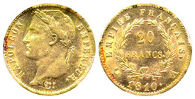 Premier Empire 1804-1814
20 Francs, Paris, 1810 A , Petit coq, AU 6.45 g.
Ref : G. 1025, Fr. 516
Conservation : PCGS MS 63. D'une qualité remarquable