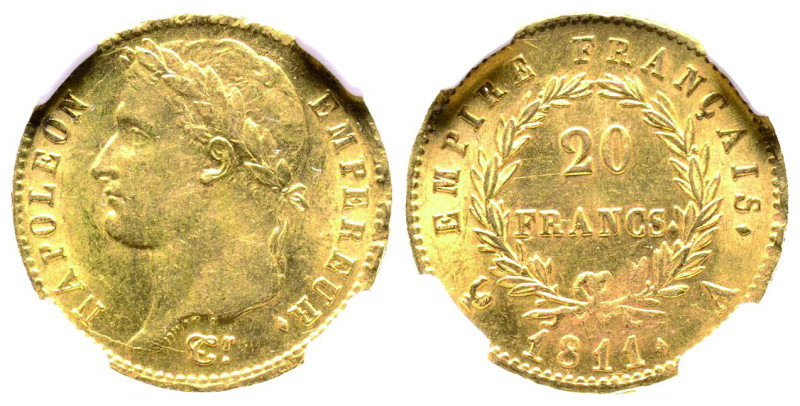 Premier Empire 1804-1814
20 Francs, Paris, 1811 A, AU 6.45 g. Ref : G. 1025, Fr....
